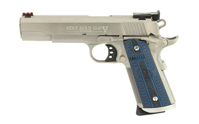 Colt's Manufacturing, Gold Cup Trophy, 1911, Semi-automatic, Metal Frame Pistol, Full Size, 45ACP, 5" Barrel, Steel, Stainless Finish, G10 Checkered Blue Grips with Scallop, Fiber Optic Front, Bomar Style Rear Sights, 8 Rounds, 1 Magazine