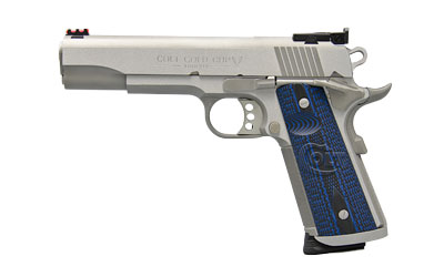 Colt's Manufacturing, Gold Cup Trophy, 1911, Semi-automatic, Metal Frame Pistol, Full Size, 9MM, 5" Barrel, Steel, Stainless Finish, G10 Checkered Blue Grips with Scallop, Bomar Style Rear Sight, 9 Rounds, 1 Magazine