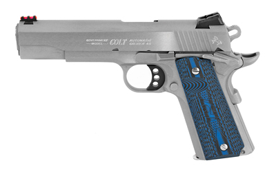 Colt's Manufacturing, Competition SS, Semi-automatic, Metal Frame Pistol, Full Size, 45ACP, 5" Barrel, Steel, Stainless Finish, G10 Checkered Blue Grips, Novak Red Fiber Optic Front Sight, Novak Adjustable Rear Sight, 8 Rounds, 1 Magazine, Series 70