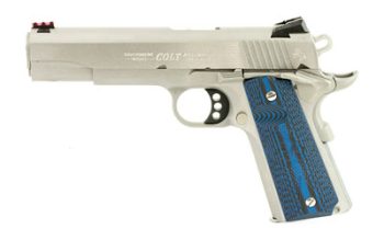 Colt's Manufacturing, Competition SS, Semi-automatic, Metal Frame Pistol, Full Size, 38 Super, 5" Barrel, Steel, Stainless Finish, G10 Checkered Blue Grips, Novak Red Fiber Optic Front Sight, Novak Adjustable Rear Sight, 9 Rounds, Series 70 Firing Sy