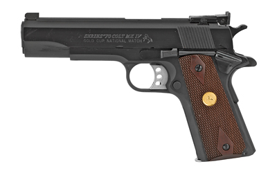 Colt's Manufacturing, Gold Cup National Match, 1911, Semi-automatic, Metal Frame Pistol, Full Size, 38 Super, 5" Barrel, Steel, Blued Finish, Rosewood Grips, Adjustable Target Sights, 9 Rounds