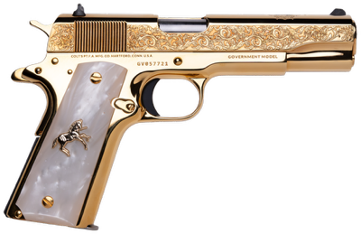 Cnc Firearms CNCELRANCH Colt 1911 El Ranchero 38 Super 7+1 5" Stainless Steel Barrel, 24K Gold Plated Serrated w/Engraved Scrollwork Slide, 24K Gold Plated Steel Frame, Mother of Pearl Grip