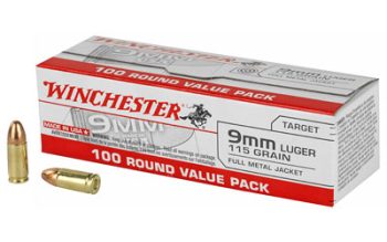 Winchester Ammunition, USA, 9MM, 115 Grain, Full Metal Jacket, 100 Round Box