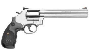 Smith & Wesson, 686 Plus, Deluxe, 3-5-7 Magnum Series, Double/Single Action/Single Action, 357 Magnum, 7" Barrel, Stainless Steel, Satin Finish, Silver, Adjustable Sights, Wood Grips, 7 Rounds