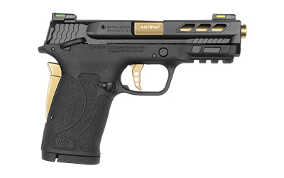 Smith & Wesson, Shield M2.0 M&P380, Internal Hammer Fired, Semi-automatic, Polymer Frame Pistol, Micro-Compact, 380 ACP, 3.8" Ported Barrel, Armornite Finish, Black with Gold Accents, HiViz Litewave H3 Fiber Optic/Tritium Sights, Manual Thumb Safety,