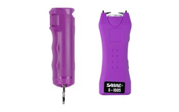 Sabre, Stun Gun and Pepper Spray Package, Purple Color, Stun Gun w/ Built-in 120 Lumen Flashlight, Flip top Pepper Spray