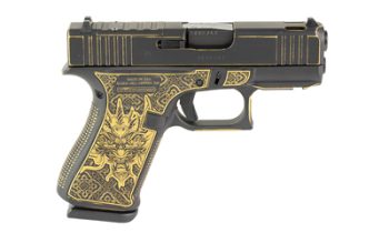 GLOCK, 43X, Compensated, Laser Engraved Dragon, Striker Fired, Semi-automatic, Polymer Frame Pistol, Sub-Compact, 9MM, 3.41" Barrel, Custom Distressed Black and Gold Cerakote Finish by Shark Coast Tactical, Fixed Sights, 2 Magazines, Right Hand, Port
