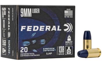 Federal, Syntech Defense with Catalyst Clean Burning Primer, 9MM, 138 Grain, Semi Jacketed Hollow Point, 20 Round Box
