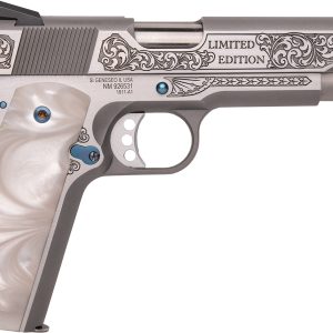 Cnc Firearms CNCTXBBQ Springfield 1911 Texas BBQ Limited Edition 45 ACP 7+1 5" Stainless Match Grade Barrel, Serrated w/Engraved Scrollwork Stainless Slide, Stainless Stainless Steel w/Nitre Blue Controls Frame, Pearlized Polymer Grip
