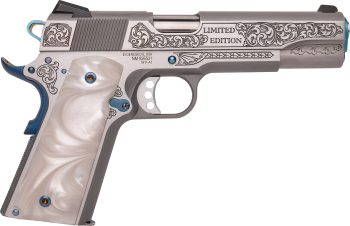 Cnc Firearms CNCTXBBQ Springfield 1911 Texas BBQ Limited Edition 45 ACP 7+1 5" Stainless Match Grade Barrel, Serrated w/Engraved Scrollwork Stainless Slide, Stainless Stainless Steel w/Nitre Blue Controls Frame, Pearlized Polymer Grip