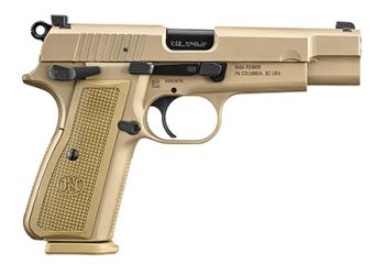 FN America, High Power, Semi-automatic, Single Action Only, Full Size, 9MM, 4.7" Barrel, PVD Finish, Flat Dark Earth, 2 Polymer Grip Pairs, Driftable Dovetail Sights, Ambidextrous Safety, 17 Rounds 2 Magazines, Includes Zippered Ballistic Range Bag
