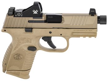 FN 66100797 509CT w/Optic Compact 9mm Luger 12+1/24+1, 4.32" Black Steel Threaded Barrel, Flat Dark Earth PVD Optic Cut/Serrated Stainless Steel Slide, Flat Dark Earth Polymer Frame w/Picatinny Rail,Vortex Viper Red Dot, Ambidextrous