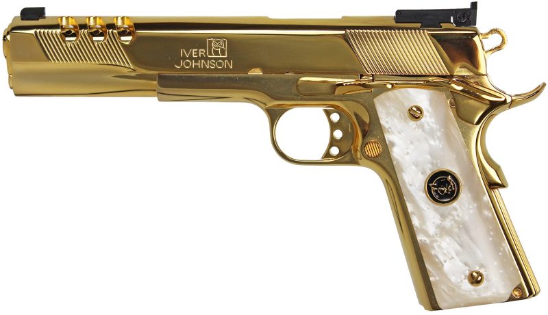 Iver Johnson Arms GOLDEAGLEXL45WP Golden Eagle XL Deluxe Full Size Frame 45 ACP 8+1 6" 24K Gold Plated Ported Barrel, Serrated w/Ports Steel Slide & Frame w/Beavertail, Synthetic White Pearl w/Iver Johnson Logo Grip