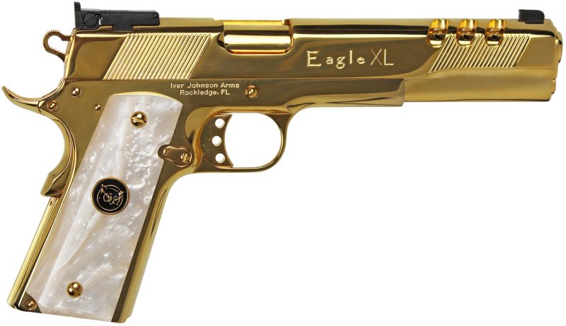 Iver Johnson Arms GOLDEAGLEXL10WP Golden Eagle XL Deluxe Full Size Frame 10mm Auto 8+1 6" 24K Gold Plated Ported Barrel, Serrated w/Ports Steel Slide & Frame w/Beavertail, Synthetic White Pearl w/Iver Johnson Logo Grip - Image 2