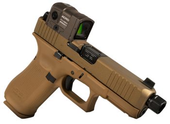 G45 Gen5 MOS Compact Frame 9mm Luger 17+1 4.49" Black Threaded Barrel, Debo 45 Cerakote Steel MOS Cut/Serrated Slide, Flat Dark Earth Polymer Frame w/Picatinny Rail, Aimpoint Acro Red Dot, Ambidextrous