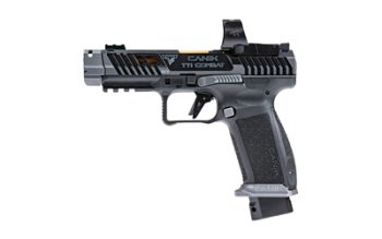 CANIK, TTI Combat, Striker Fired, Semi-automatic, Polymer Framed Pistol, Full Size, 9mm, 4.6" Fluted Barrel, Quick Detach Canik Compensator, Cerakote Finish, Smoke, 3-Dot Sights, MeCanik MO3 Optic, Holster, Punch and Toolkit, Cleaning Kit, Hard Case,